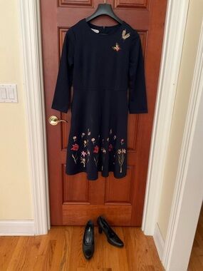 Ladies Black Embroidered Floral Fit-and-Flare Dress